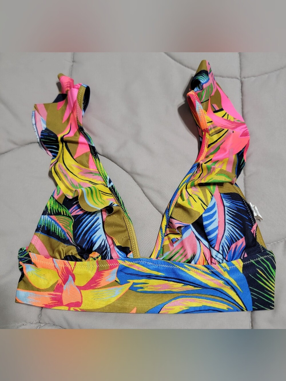 Aerie Tropical-Print Ruffle Longline Bikini Top - Size Small